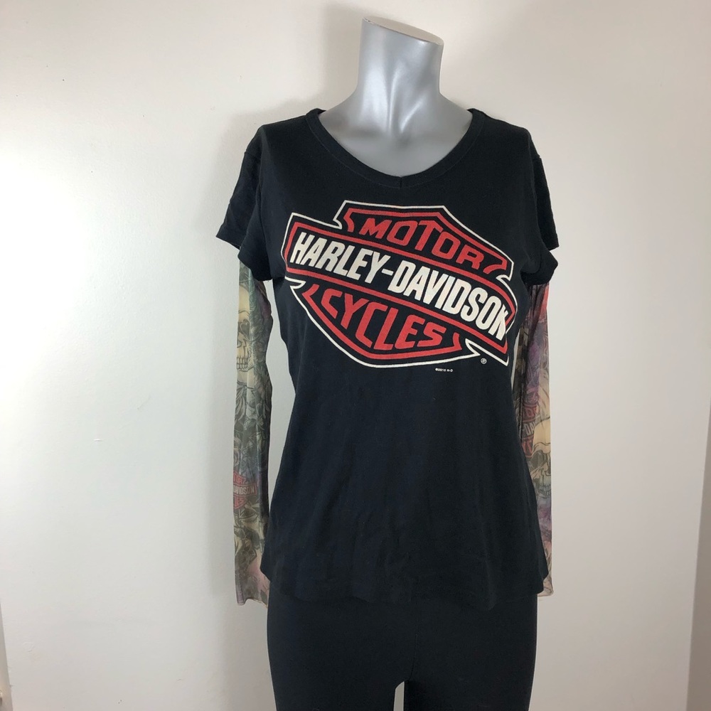 Ladies Harley Davidson Tee Sheer Tatoo Sleeves Med